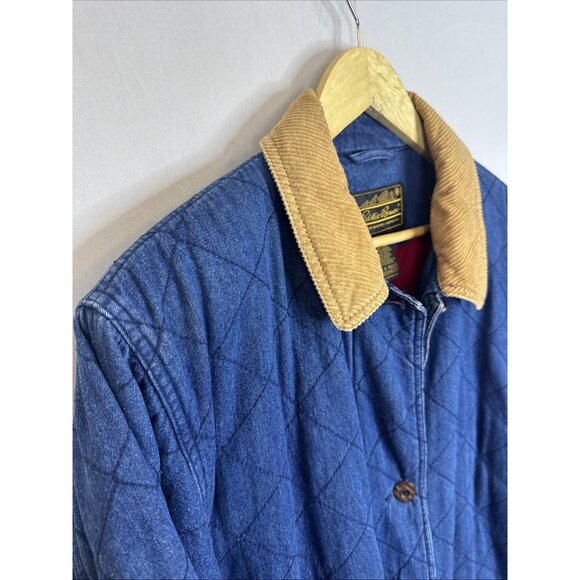 Eddie Bauer Women’s Quilted Denim Barn Coat Jacket Corduroy Collar Red Lining L - Picture 3 of 8